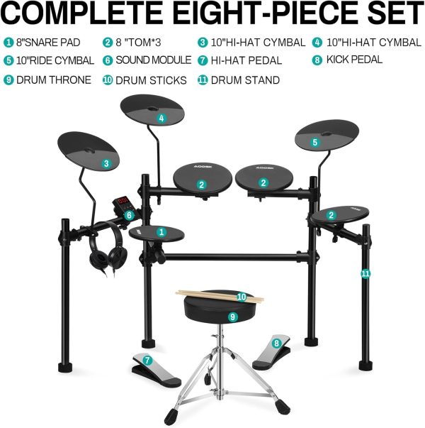 AODSK Electric Drum Set with 4 Quiet Drum Pads,Portable and Solid Drum Set for Beginner with 200 Sounds,2 Switch Pedal,Drum Throne,Drumsticks,Headphones - Image 3