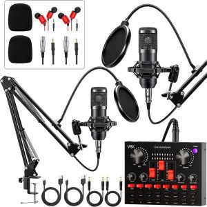 Podcast Equipment Bundle for 2, Audio Interface with Voice Changer Condenser Microphone for Gamer, All-in-One Audio Mixer Perfect for Live Streaming, Singing, YouTube, Gaming