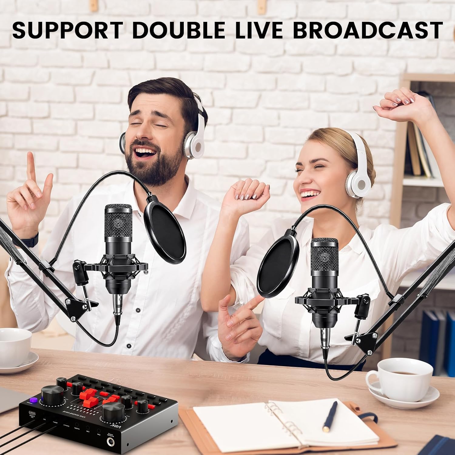 Podcast Equipment Bundle for 2, Audio Interface with Voice Changer Condenser Microphone for Gamer, All-in-One Audio Mixer Perfect for Live Streaming, Singing, YouTube, Gaming