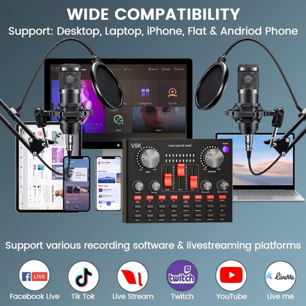 Podcast Equipment Bundle for 2, Audio Interface with Voice Changer Condenser Microphone for Gamer, All-in-One Audio Mixer Perfect for Live Streaming, Singing, YouTube, Gaming - Image 5