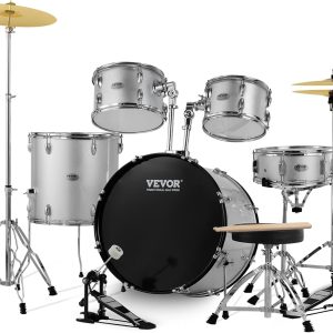 VEVOR Adult Drum Set, 5-Piece, 22 inches Complete Full Size Drum Kit with Bass Toms Snare Floor Drum Adjustable Throne Stands Cymbal Hi-Hat Pedal and Drumsticks, Beginner Drum Kit for Adults, Silver