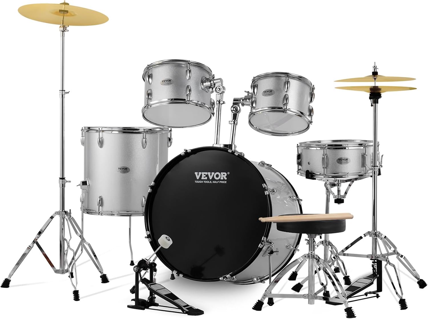 VEVOR Adult Drum Set, 5-Piece, 22 inches Complete Full Size Drum Kit with Bass Toms Snare Floor Drum Adjustable Throne Stands Cymbal Hi-Hat Pedal and Drumsticks, Beginner Drum Kit for Adults, Silver