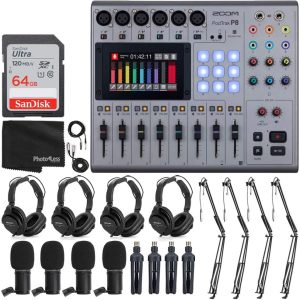Zoom PodTrak P8 Multitrack Podcast Recorder + Zoom ZDM-1 Podcast Mic + Headphones + Windscreens + Tabletop Stands + 64GB Memory Card – Ultimate Podcasting Bundle (4 Person Pocasting Bundle)