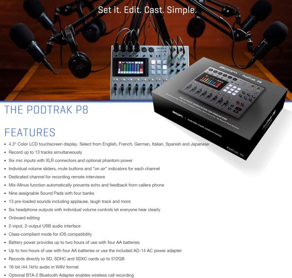 Zoom PodTrak P8 Multitrack Podcast Recorder + Zoom ZDM-1 Podcast Mic + Headphones + Windscreens + Tabletop Stands + 64GB Memory Card - Ultimate Podcasting Bundle (4 Person Pocasting Bundle) - Image 4